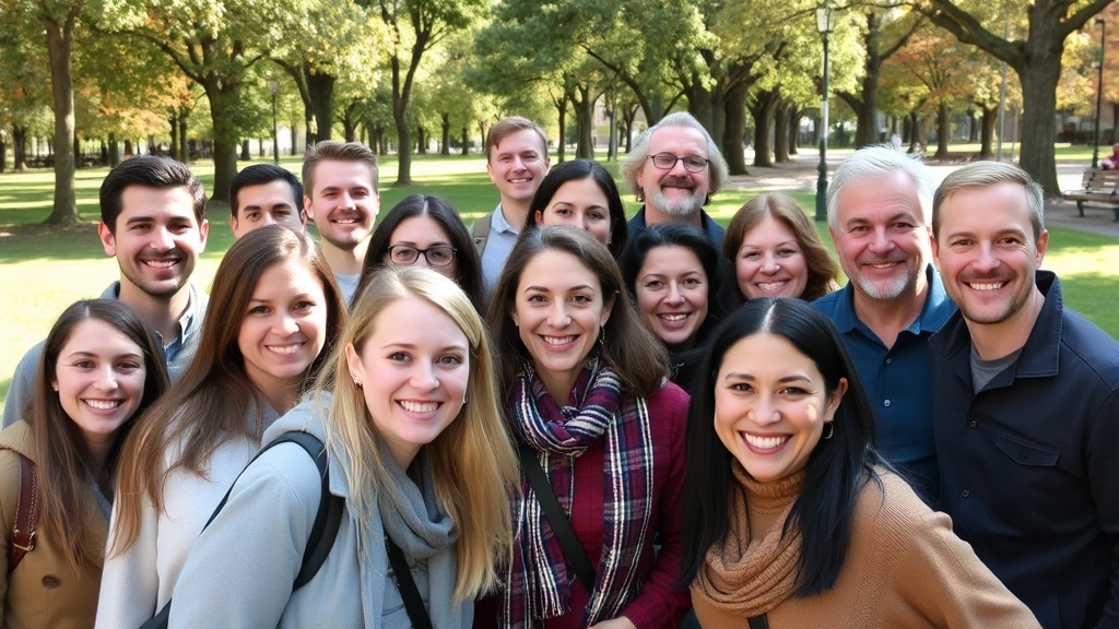 Diverse group of people in park setting smiling at camera, various ages and expressions, natural daylight, friendly atmosphere
