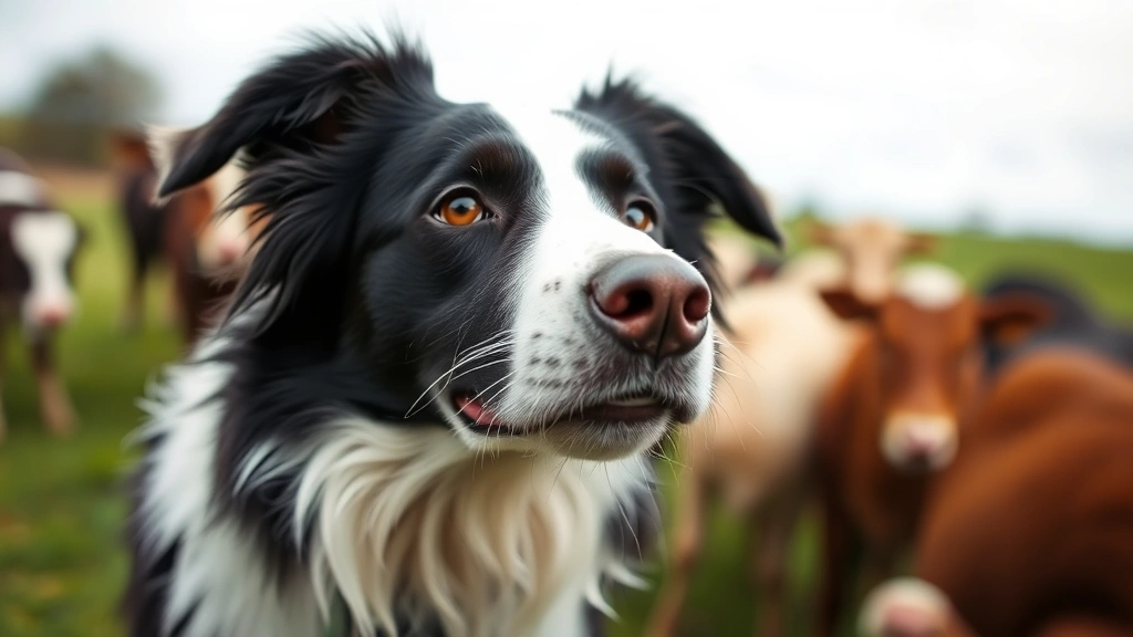 Border Collie alert and focused on herding task, intelligent eyes concentrating intensely on work