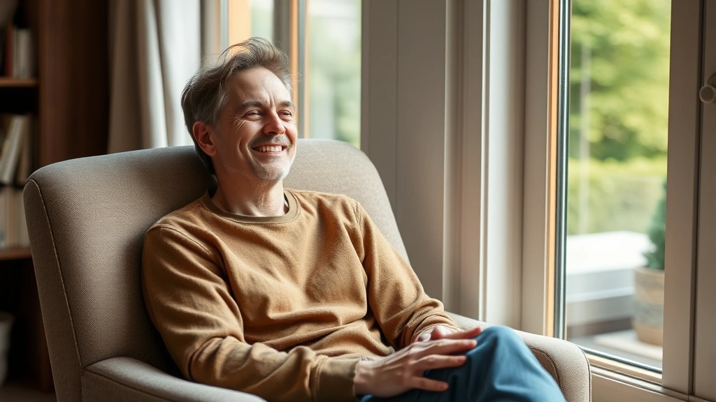 Person sitting peacefully in comfortable chair by window, content expression, cozy indoor setting, natural window light