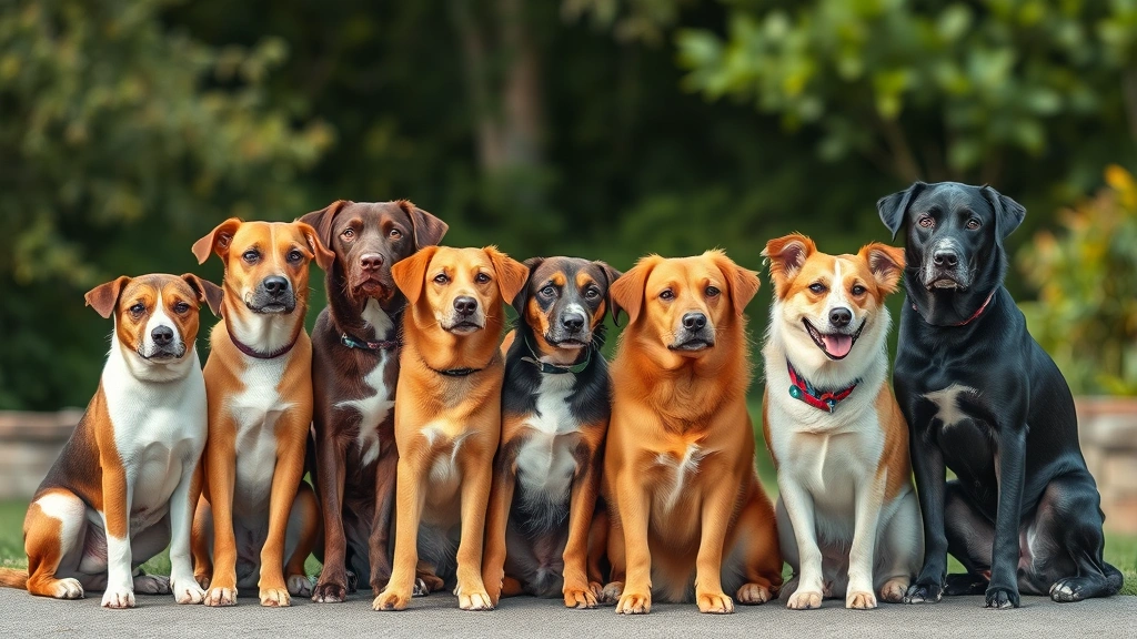 Group of diverse dog breeds sitting together peacefully outdoors, representing different personality types and temperaments