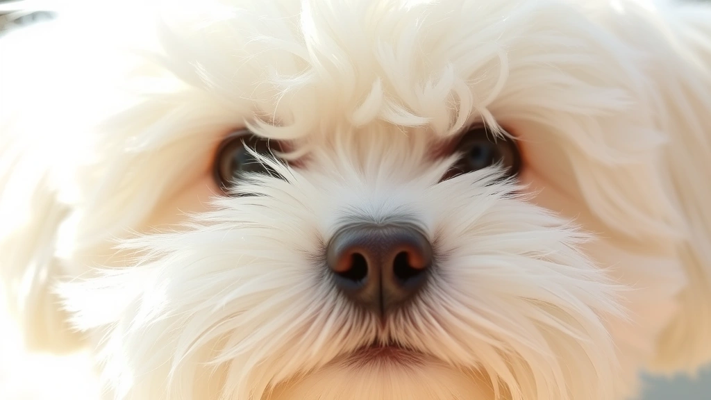 Close-up of a Bichon Frise's fluffy white coat in soft natural sunlight, showing the texture and softness of the hair