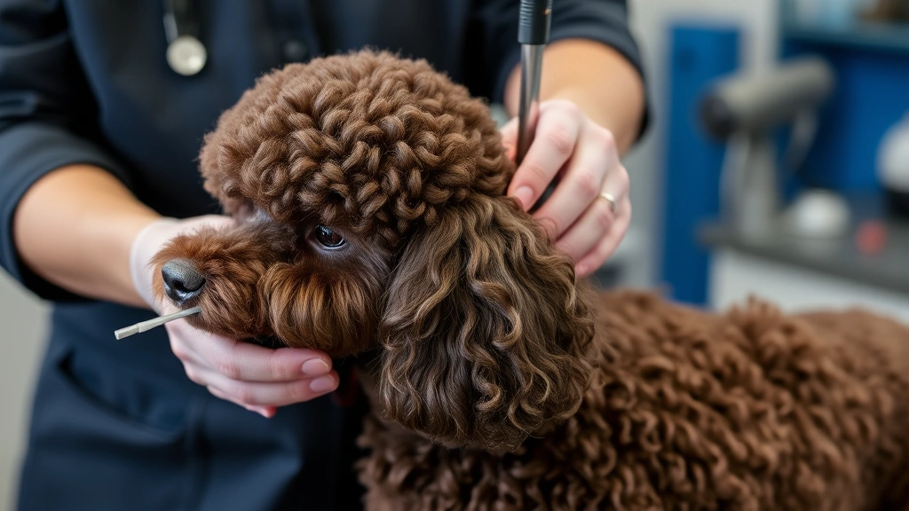 Professional groomer carefully brushing a Poodle's curly coat with specialized tools, showing grooming technique and care