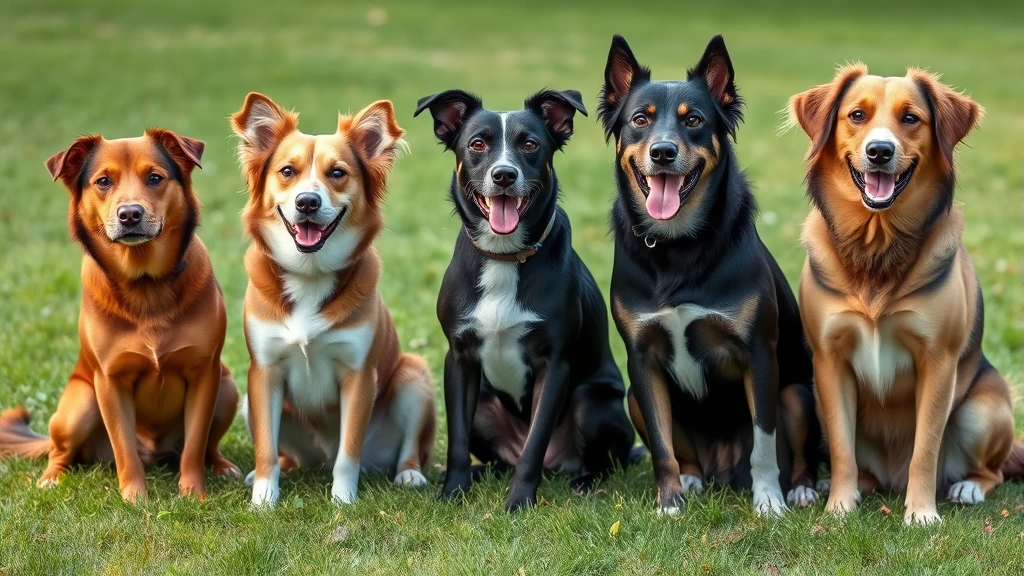 Collection of five different low-shedding dog breeds sitting together outdoors on green grass, showing size variety and coat diversity