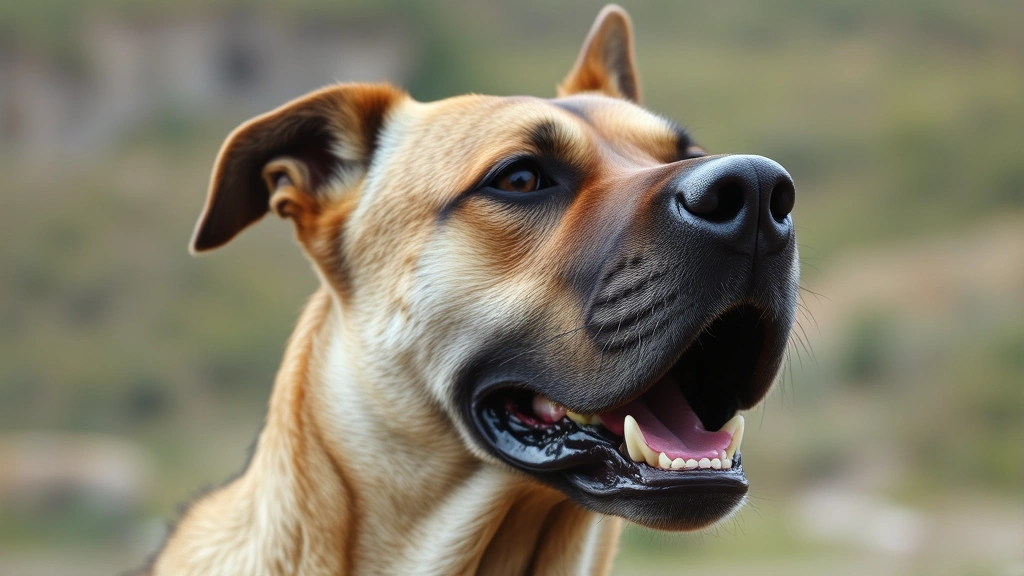 Close-up of a Kangal dog's muscular head and powerful jaw structure, alert expression, Turkish countryside background