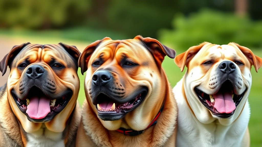 Comparison of three large dog breeds side by side showing their heads and powerful jawlines, outdoor natural setting