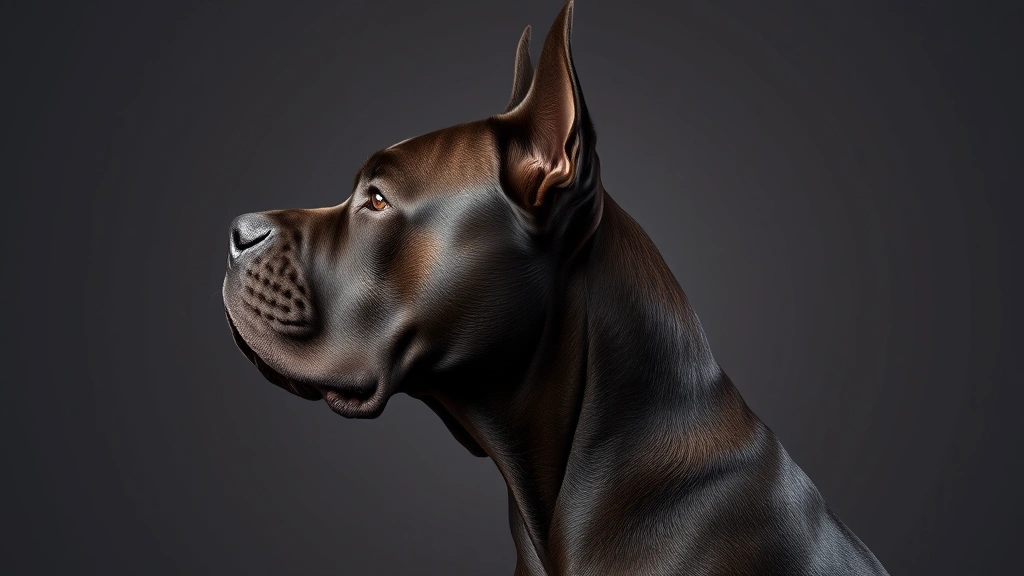 Cane Corso dog in profile showing muscular neck and broad head structure, professional studio lighting, neutral background
