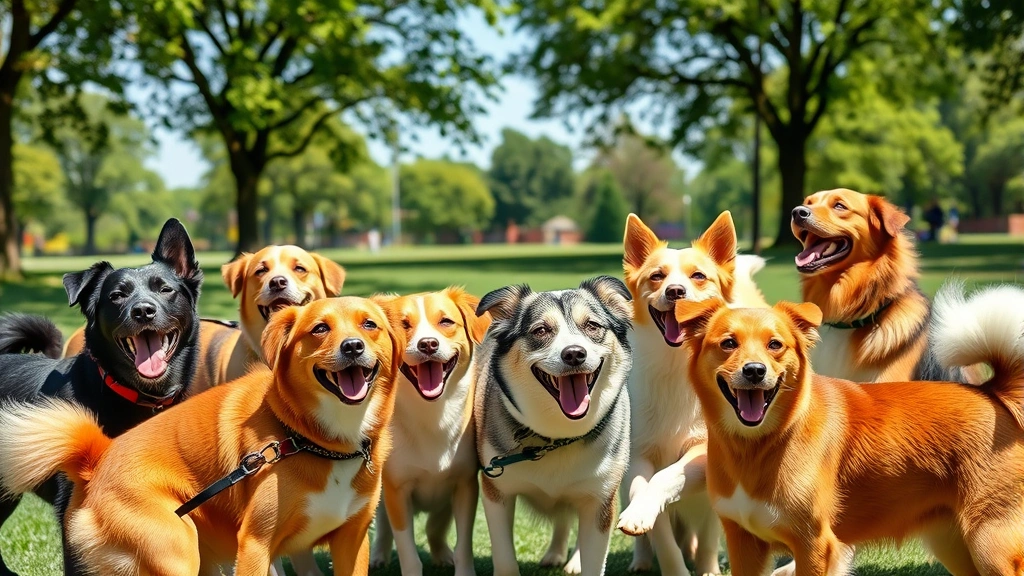 A diverse group of happy dogs of different breeds playing together in a sunny park, tail wagging, genuine joy on their faces, no text or labels visible