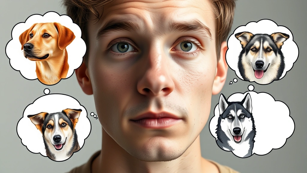 Close-up portrait of a thoughtful person with different dog breeds illustrated as thought bubbles around their head, showing various breed types like retrievers, shepherds, and huskies, photorealistic style