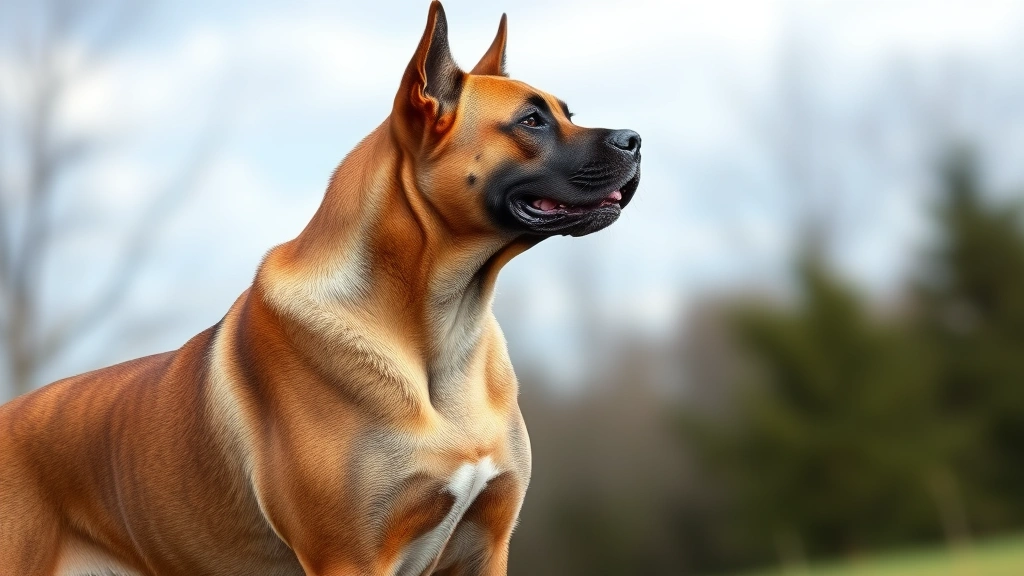 Kangal dog standing in profile showing muscular jaw structure and powerful build, photorealistic style, outdoor setting with natural lighting