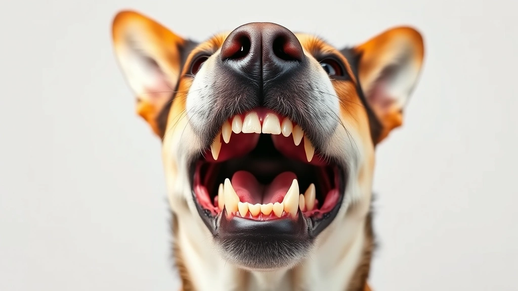 Close-up of dog's open mouth showing teeth and jaw structure, demonstrating bite mechanics, professional photography style, neutral background