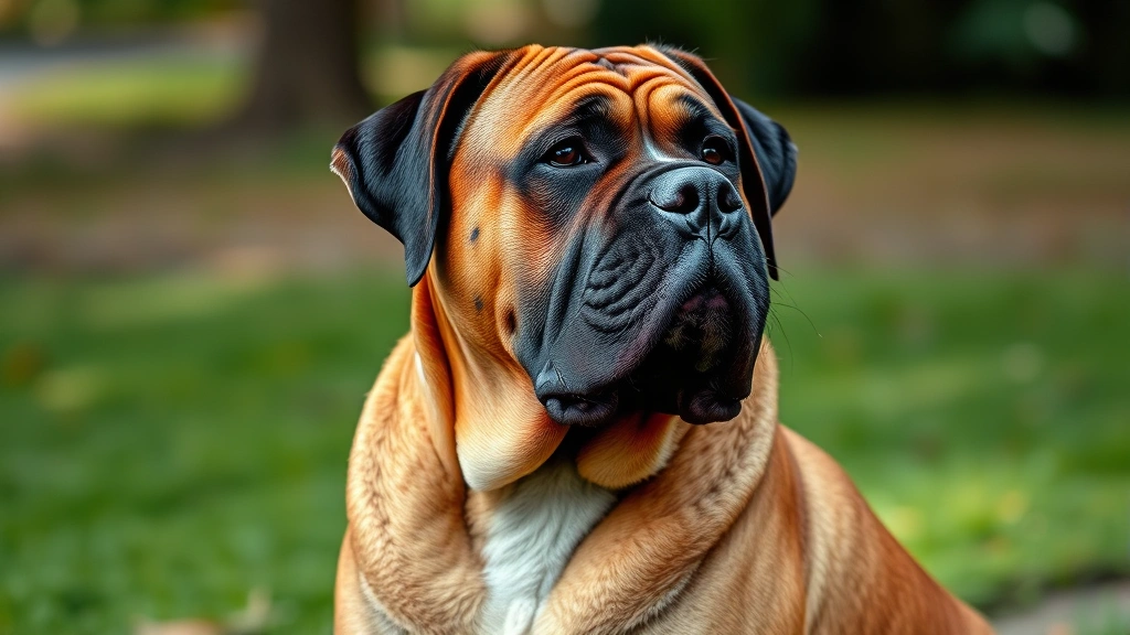 Mastiff breed sitting alertly with strong, defined facial features and powerful neck musculature, photorealistic portrait style, natural outdoor lighting