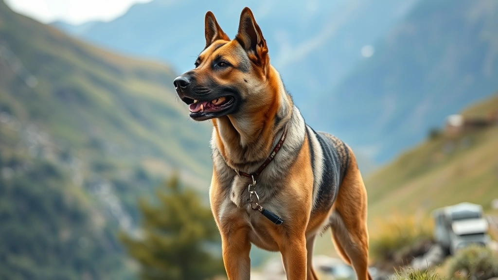 Kangal dog with muscular build standing alert in mountainous terrain, powerful jaw structure visible, Turkish livestock guardian breed