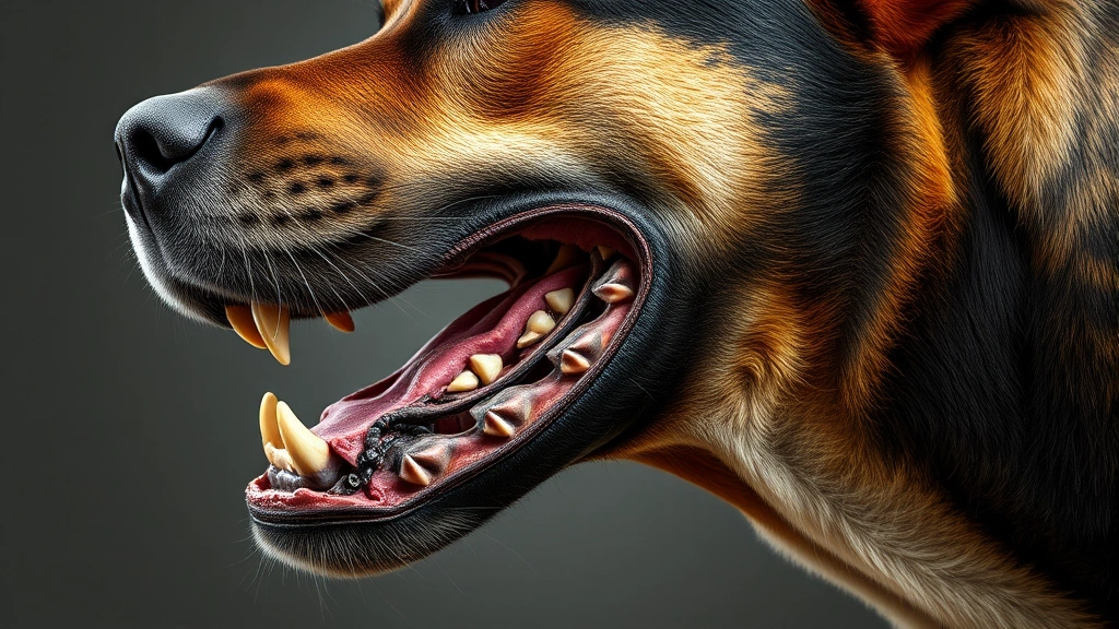 Close-up of large dog's jaw and teeth showing muscular definition, powerful canine structure, side profile emphasizing bite mechanics
