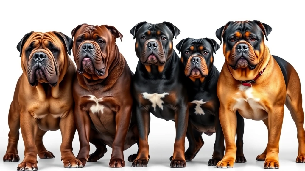 Multiple large dog breeds lined up together showing size and strength comparison, Mastiff, Cane Corso, and Rottweiler types standing side by side