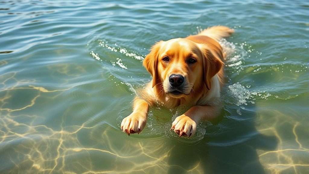 Golden Retriever swimming in clear lake water, front view showing paws paddling, splashing water, sunny day, natural outdoor setting