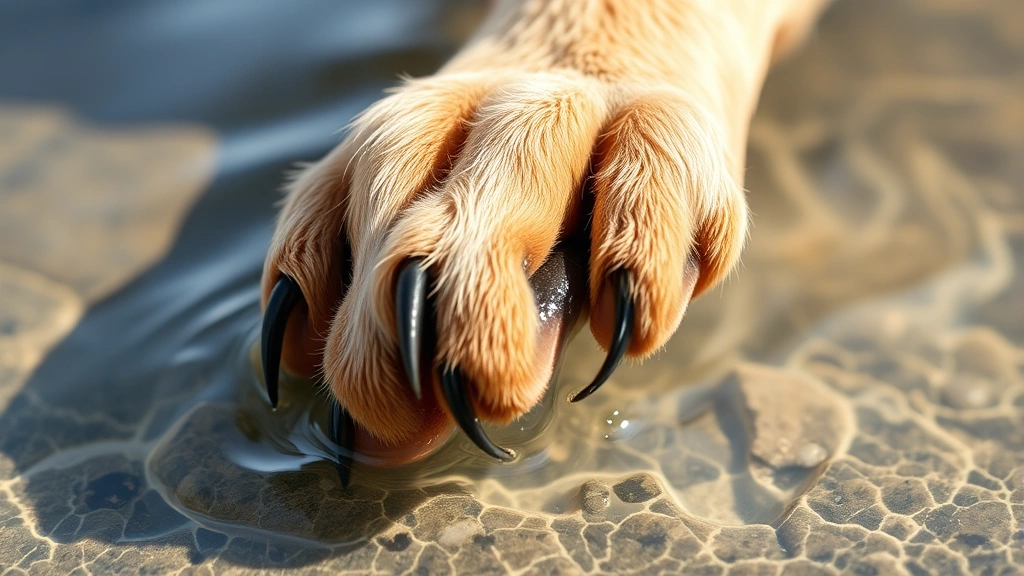 Close-up of dog paw with webbed feet in water, showing membrane between toes, clear detail, shallow water background, natural lighting
