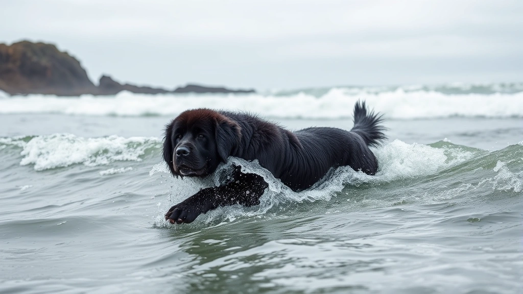 Newfoundland dog swimming in ocean waves, large dog in water, powerful swimming motion, rocky coastline, overcast sky