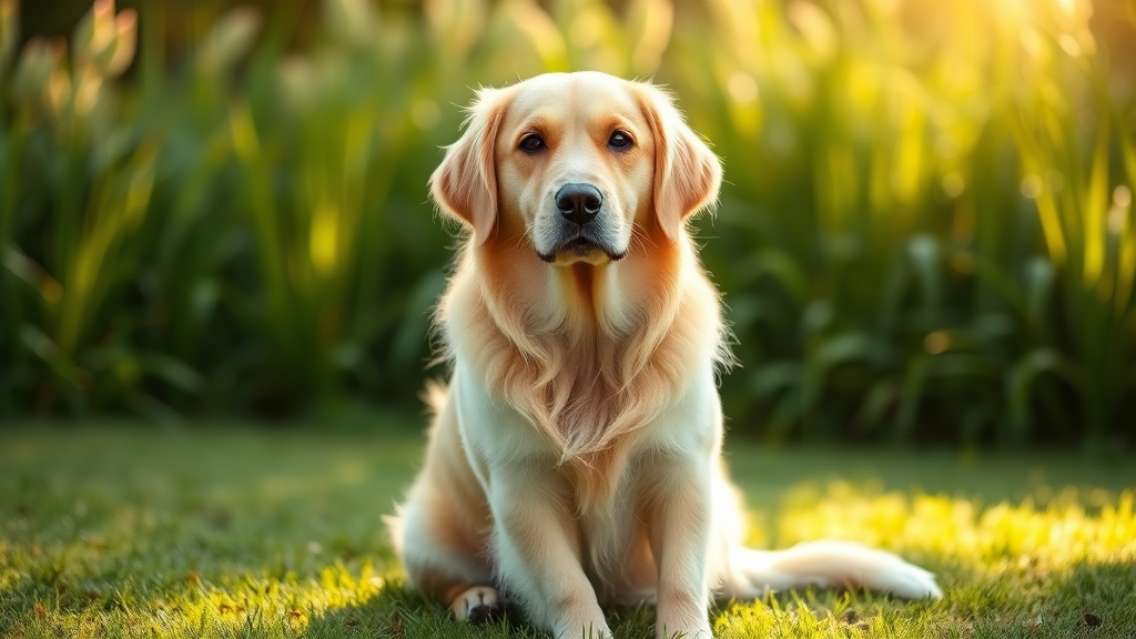 Beautiful female golden retriever dog sitting in sunlit garden with soft natural lighting and green grass background, peaceful expression