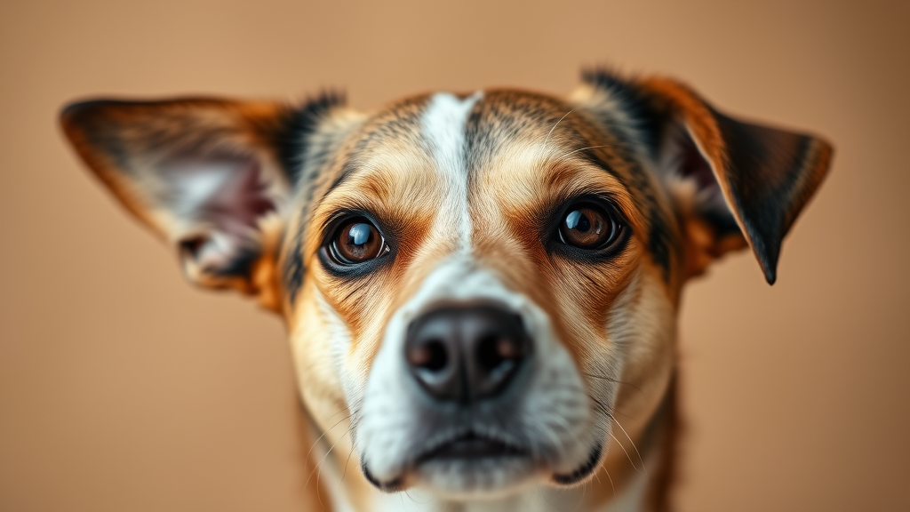 Close-up of female dog's face showing alert expression and intelligent eyes, professional headshot style with warm neutral background