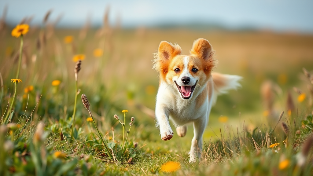 Playful female dog running through meadow with flowing movement, action shot capturing joy and vitality in natural outdoor setting