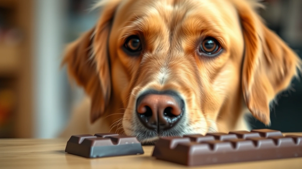 Close-up of a golden retriever's concerned face looking at a chocolate bar on a table, natural lighting, selective focus on the dog's eyes showing worry and curiosity