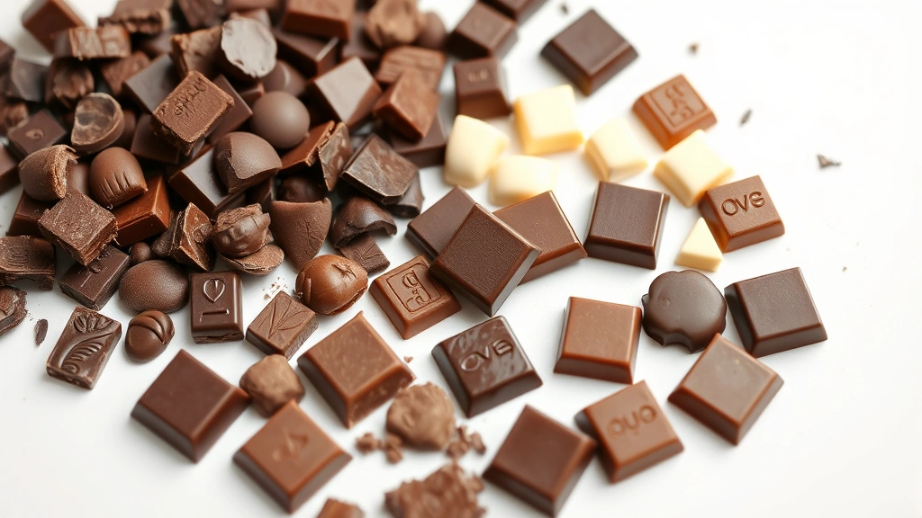 Variety of chocolate types displayed on a white surface: dark chocolate pieces, milk chocolate squares, and baking chocolate, arranged to show different shades and textures