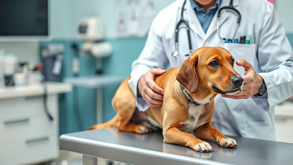 A veterinarian in a white coat examining a brown dog on an examination table with a stethoscope, professional clinical setting with medical equipment visible in background