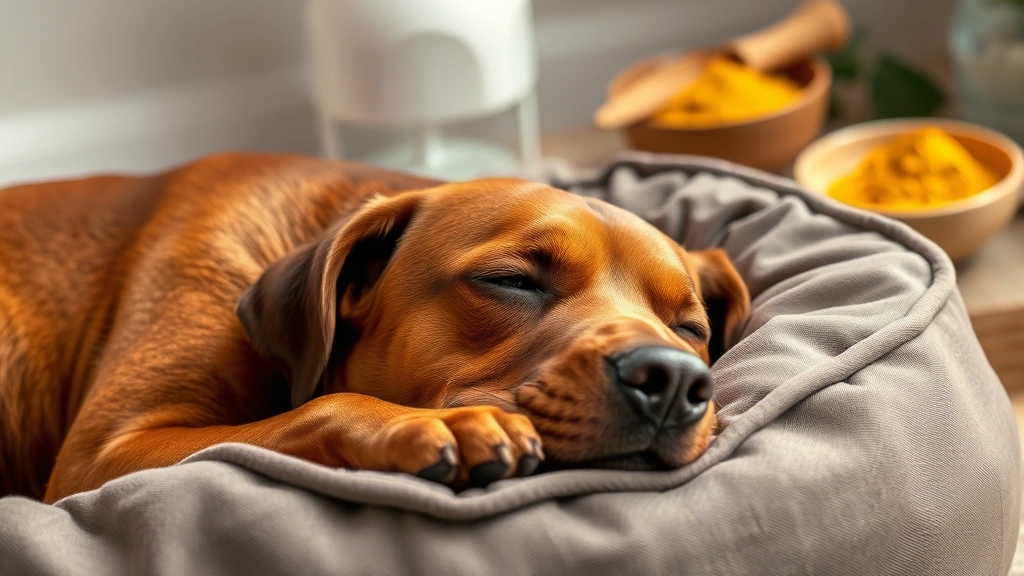 Senior brown dog resting peacefully on a comfortable dog bed with subtle background showing ginger root and turmeric powder