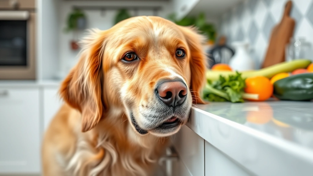 Close-up of golden retriever dog sniffing near kitchen counter with various fresh vegetables and fruits displayed, curious expression on dog's face, bright natural lighting, kitchen background