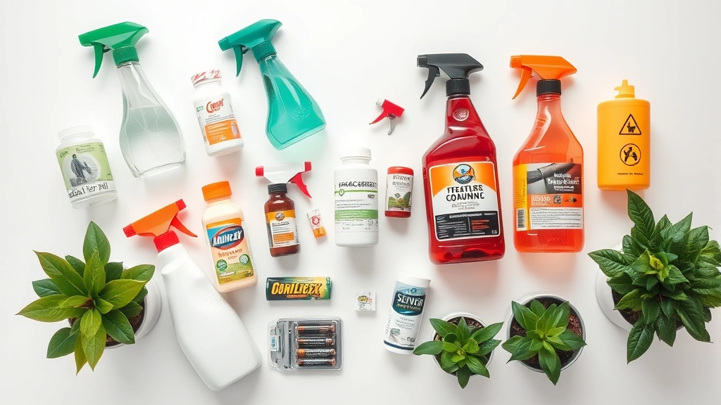 Overhead flat lay of household items arranged on white surface: cleaning spray bottles, medication bottles, antifreeze container, batteries, plants, showing common household toxins without text