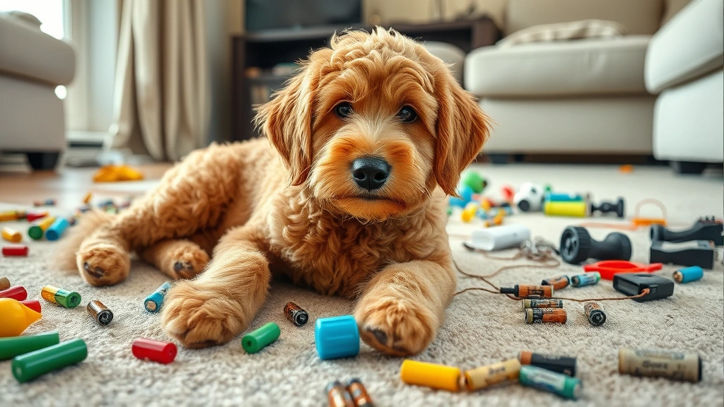 Golden doodle dog lying on living room floor surrounded by scattered items including toy pieces, string, batteries, and household objects, concerned expression, natural home setting with window light