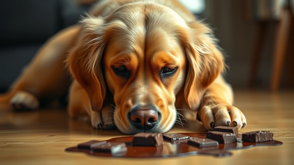 Golden Retriever with guilty expression looking at melted chocolate on floor, warm indoor lighting, shallow depth of field