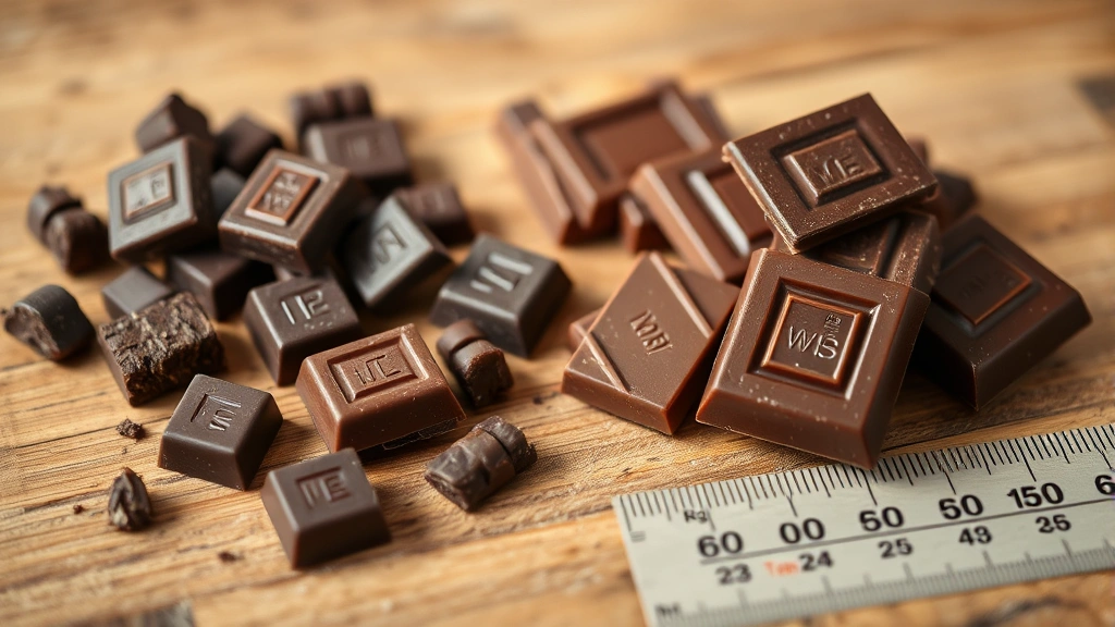 Close-up of dark chocolate pieces and milk chocolate squares on wooden surface with measuring scale, natural lighting, product photography style