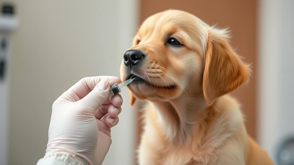 Golden Retriever puppy receiving vaccine injection from veterinarian's gloved hand, clinical setting with soft lighting, calm expression