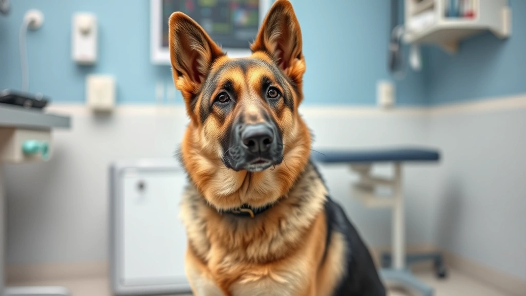 Adult German Shepherd dog sitting alert in veterinary exam room, looking toward camera with healthy appearance