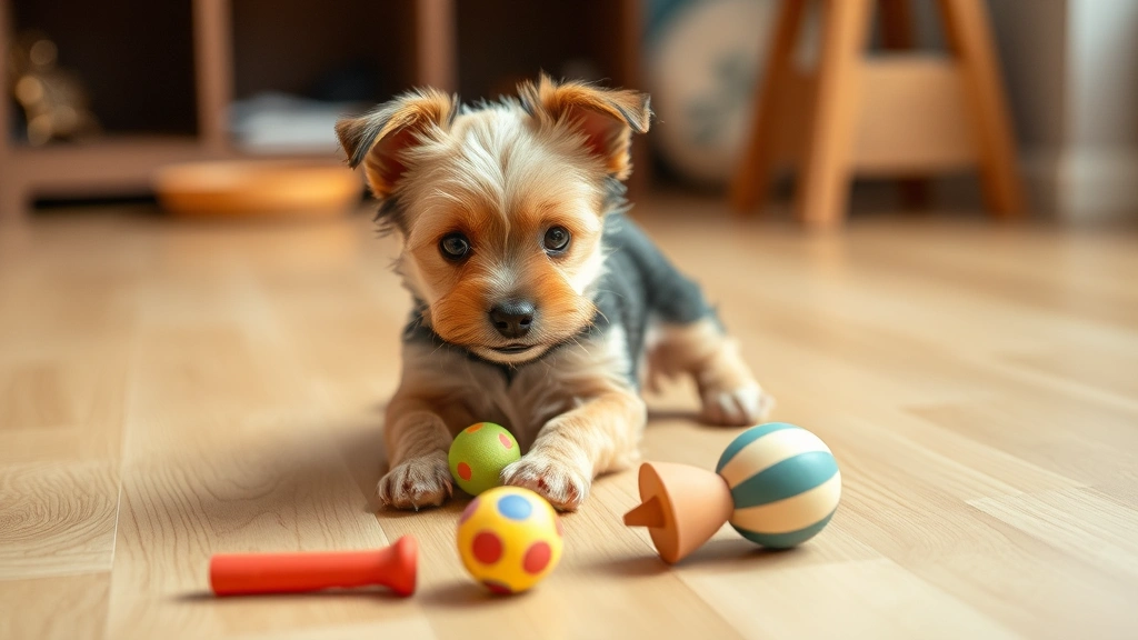 Small terrier puppy playing with toys on floor, showing healthy activity level and playful behavior indoors