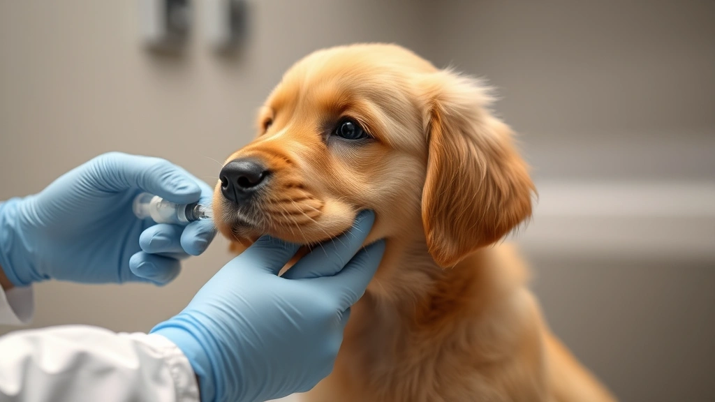 Golden Retriever puppy receiving vaccination injection from veterinarian's gloved hand, calm clinical setting with soft lighting