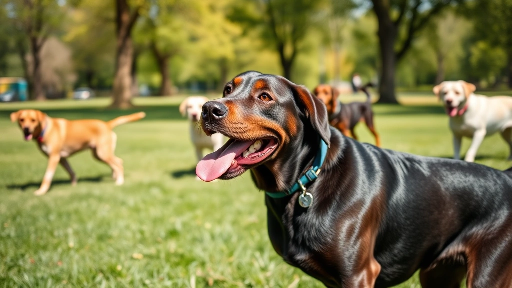 Happy adult Labrador Retriever playing outdoors in sunny park with other dogs, healthy and active