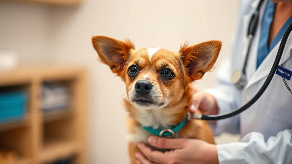 Veterinarian examining small mixed breed dog with stethoscope during wellness checkup, warm professional environment