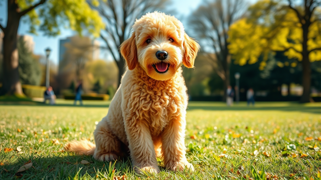 Fluffy golden doodle dog with curly coat sitting in sunny park, happy expression, no text no words no letters