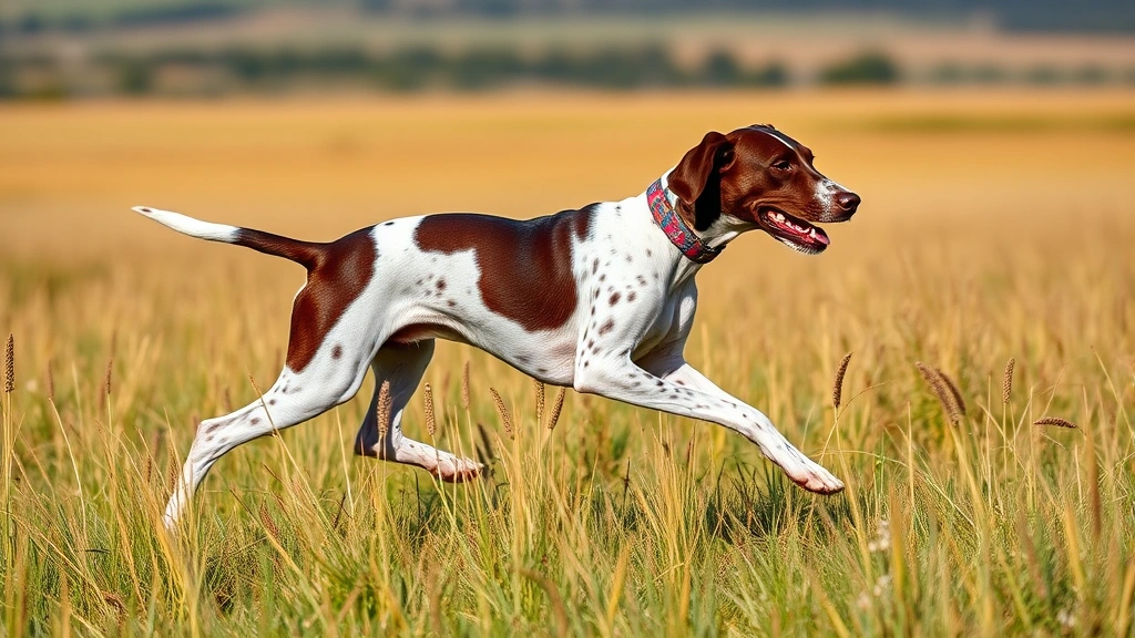 Athletic German Shorthaired Pointer in mid-stride running through tall grass field, muscular liver and white coat gleaming in sunlight, alert expression, open countryside background