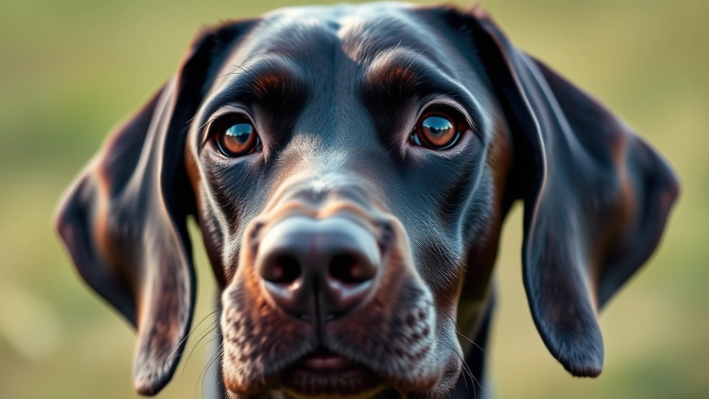 Close-up portrait of German Shorthaired Pointer's face showing kind intelligent eyes, floppy ears, and elegant head structure, soft natural lighting, gentle expression