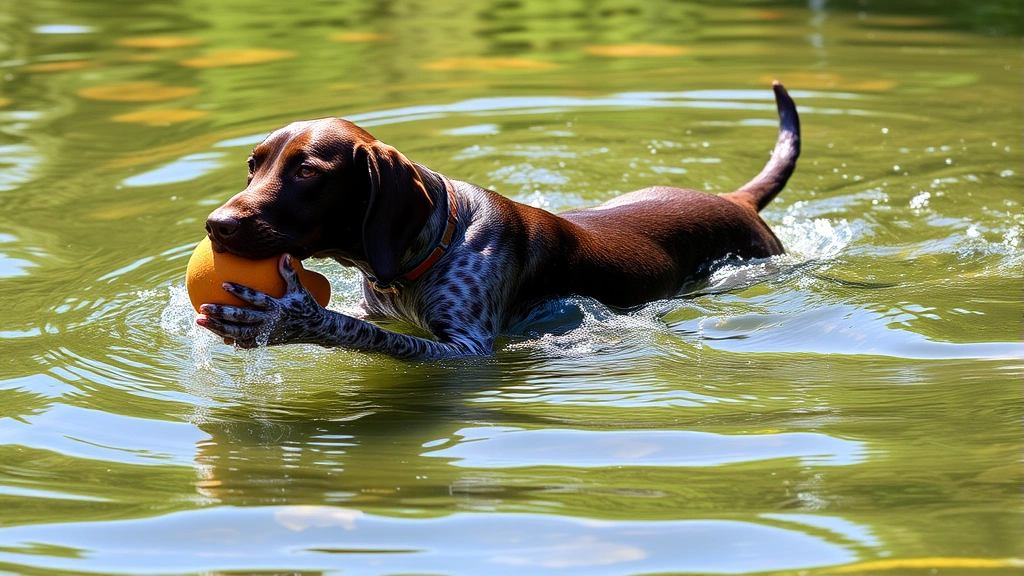 German Shorthaired Pointer swimming in clear water, webbed paws visible, coat glistening wet, retrieving a dummy, natural water environment with dappled sunlight