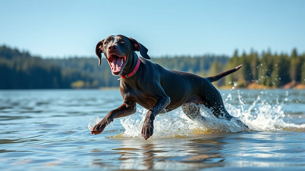 German Shorthaired Pointer swimming in crystal clear lake water, happy and energetic, splashing motion captured, natural forest scenery in background, joy and vitality evident
