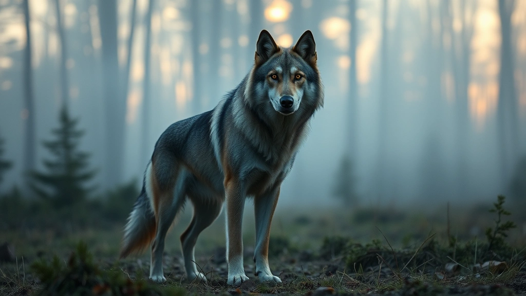 A majestic wolf-like dog standing alert in a misty forest clearing at dusk, with golden eyes gleaming, photorealistic wildlife photography style
