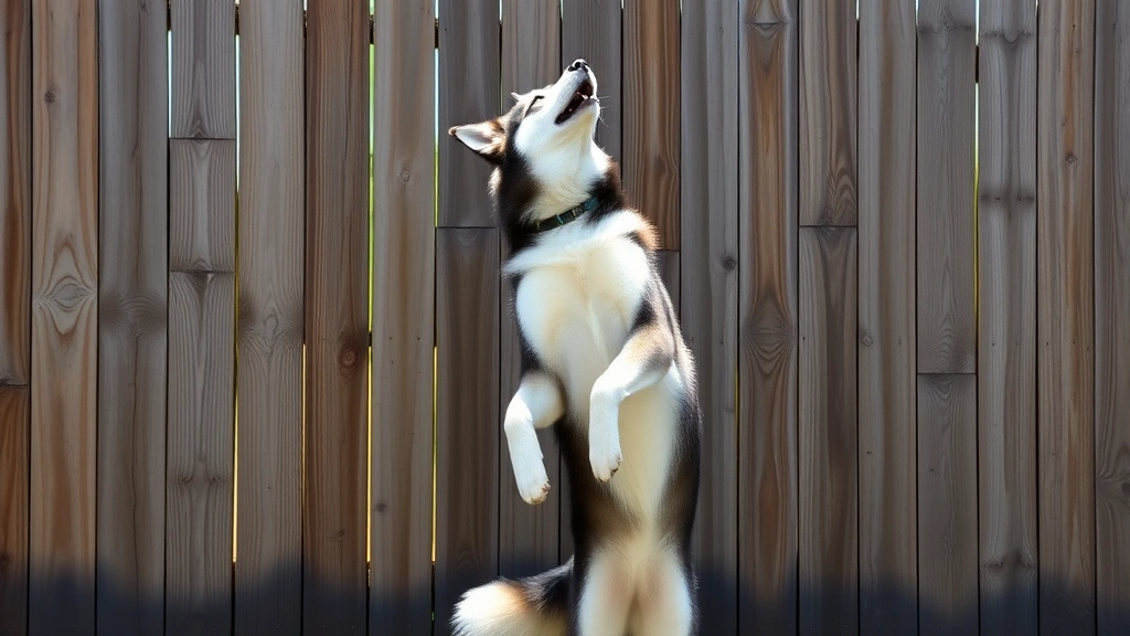 A large husky or malamute standing on hind legs against a wooden fence, playfully reaching upward, bright daylight, photorealistic pet photography