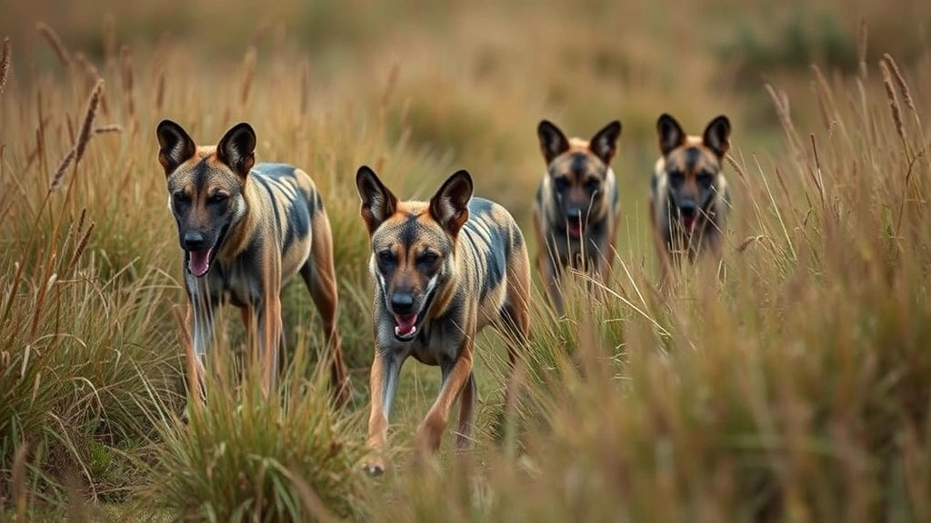 A pack of wild dogs moving through tall grass in coordinated formation, hunting behavior, photorealistic nature documentary style