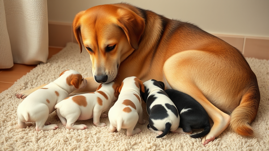 Mother dog with puppies nursing in comfortable home environment maternal care no text no words no letters