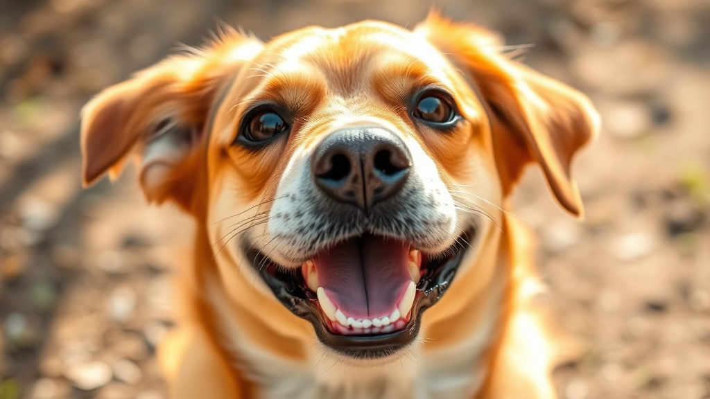 Happy dog after treatment with clear healthy eyes, outdoor natural setting, no text no words no letters