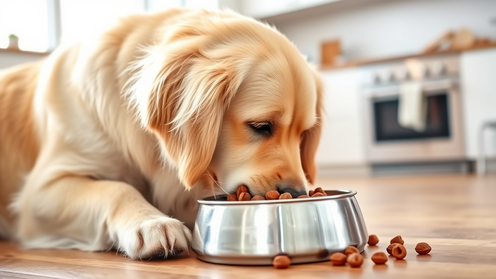 Golden retriever eating from stainless steel bowl with kibble, bright kitchen setting, no text no words no letters